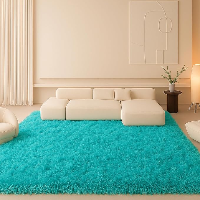 Teal Blue Plush Rug 9x12, Fluffy Shag Carpet Non-Slip, Area Rug - Image 9