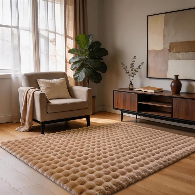 Coffee Rabbit Plush Rug 3'x5', Fluffy Shaggy Area Rug by CHOVY
