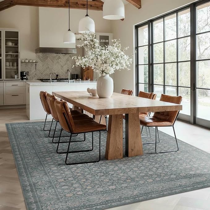 Area Rugs 5x7, Washable Rugs for Living Room, Vintage Boho Light Blue Rug for - Image 3