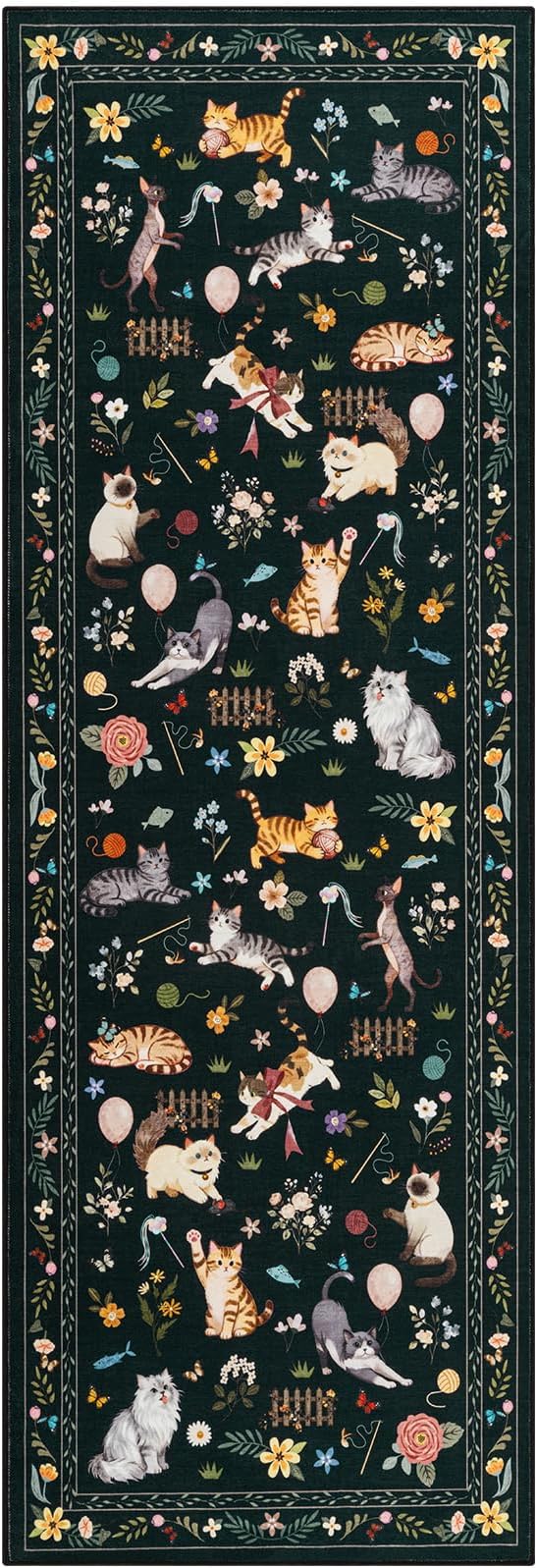 Unirea 2x6 Black Cat Runner Rug, Washable Non Slip Botanical Rug - Image 2