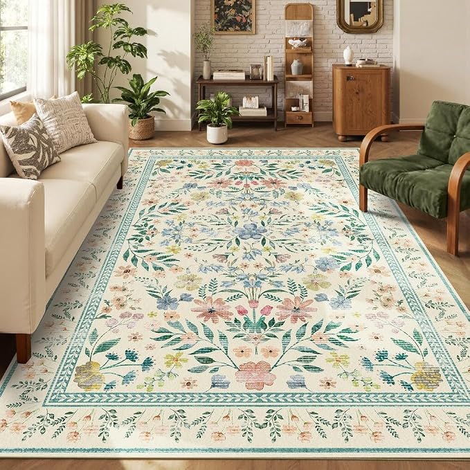 Rugxara Floral Rug for Living Room Bedroom, 5x7 Washable Rug, Large Non Slip - Image 4