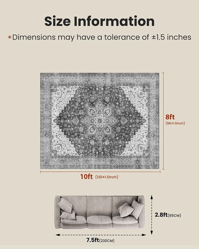 AMADA HOMEFURNISHING 8x10 Area Rugs, Low-Profile Large Washable Area Rug - Image 2