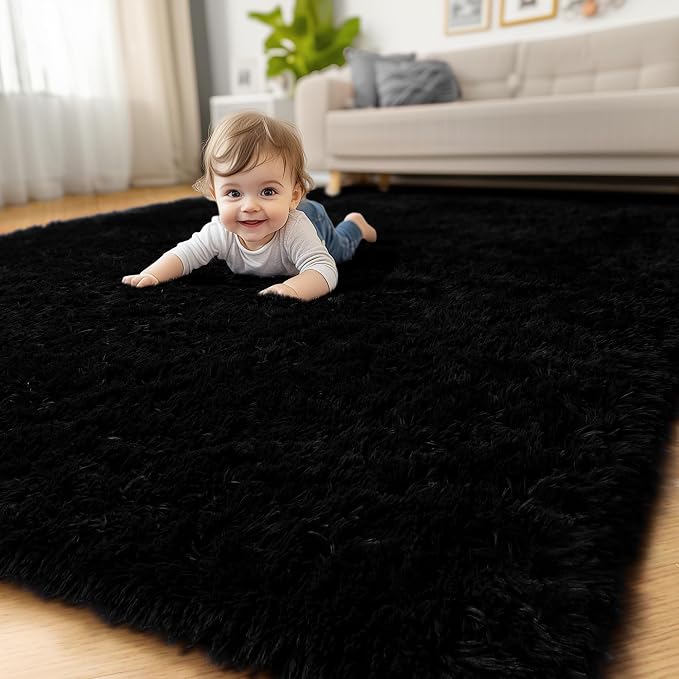 8x10 Black Rug for Living Room Bedroom, Large Big Fluffy Modern Area Rugs for - Image 8