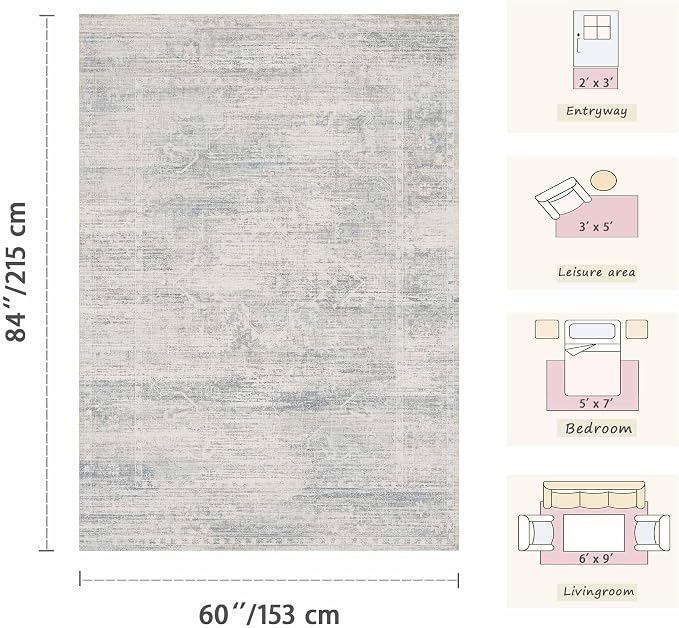 Latte&Fog 3x5 Entryway Blue Area Rugs, Vintage Washable Floral Rugs Boys - Image 2