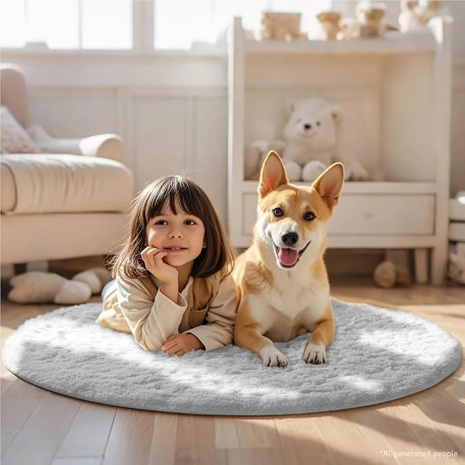 Ophanie Round Rug 4Ft White Circle Area Rug, Aesthetic Room Decor, Fluffy Fuzzy - Image 3