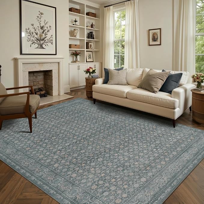 Area Rugs 5x7, Washable Rugs for Living Room, Vintage Boho Light Blue Rug for by Rugxara