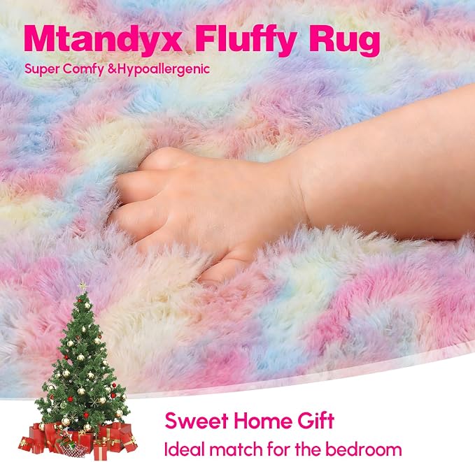 8x10 Area Rugs Living Room, Rainbow Large Plush Fluffy Bedroom Carpet, Non-Slip - Image 2