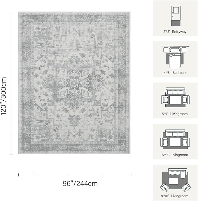 Rugxara 8x10 Washable Area Rug for Living Room, Extra Large Neutral Vintage - Image 2
