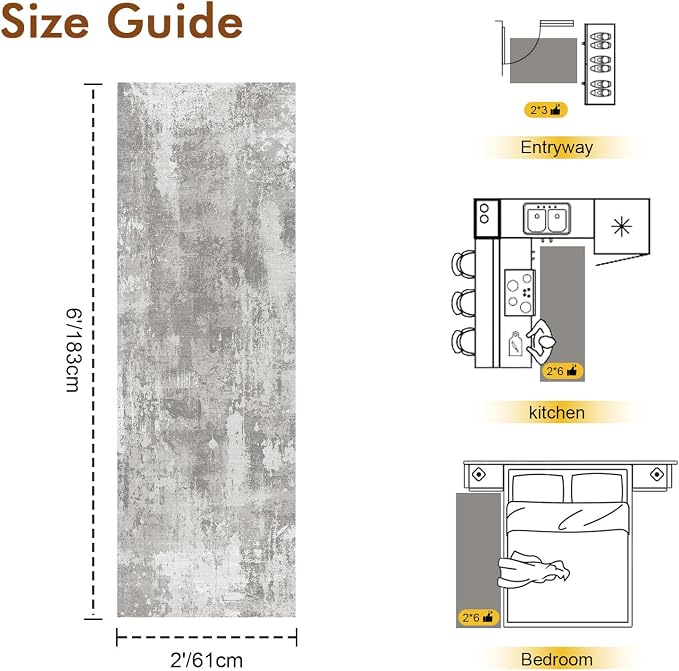 2x6 Ft Washable Runner Rug, Non-Slip Low Pile Hallway Kitchen Area Rug - Image 2