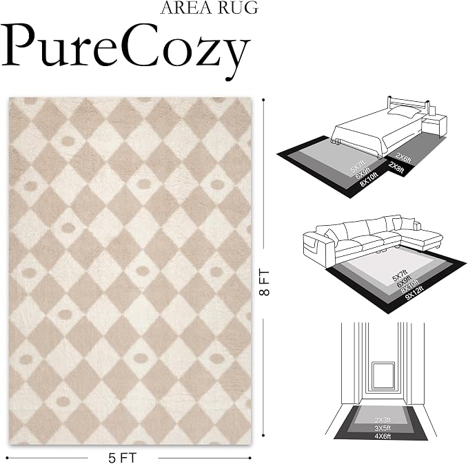 PureCozy Checkered Rug 5x8 Fluffy Shag Living Room Beige Area Rug Modern - Image 2