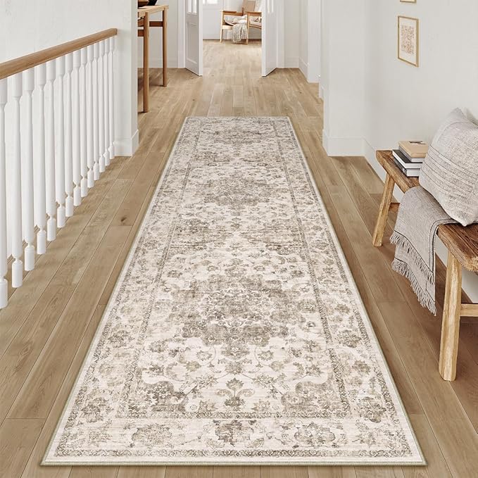 2x8 Washable Neutral Runner Rug Brown Vintage Hallway Kitchen Carpet Non-Slip - Image 3