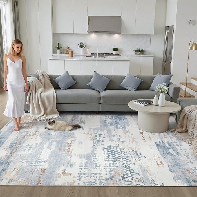 DCX Abstract Area Rug 8x10, Washable Blue Modern Rug - Image 3