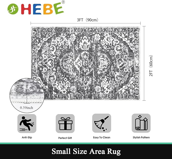 HEBE Washable Area Rug 2'x3', Non Slip Soft Distressed Bedroom & Living Room - Image 2