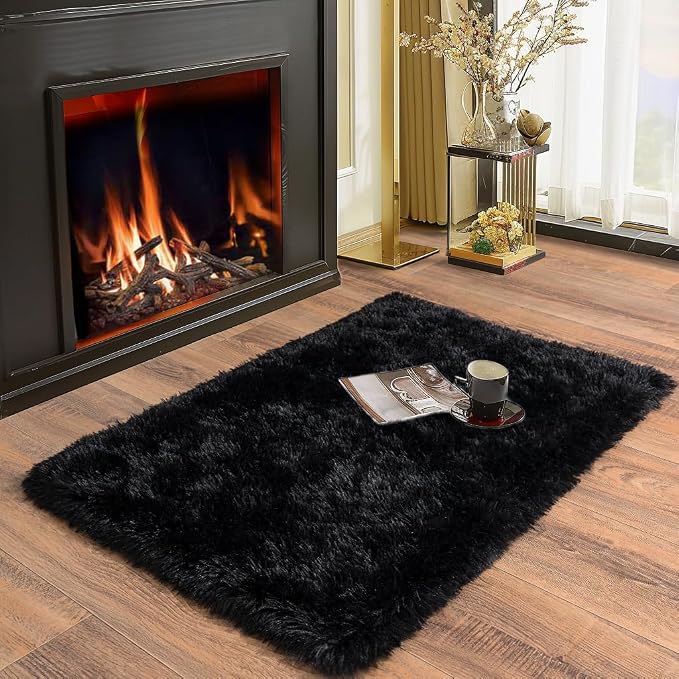 Soft Runner Rugs for Bedroom Hallways, 2x3 Black Fluffy Shag Throw Area Rug Non - Image 3