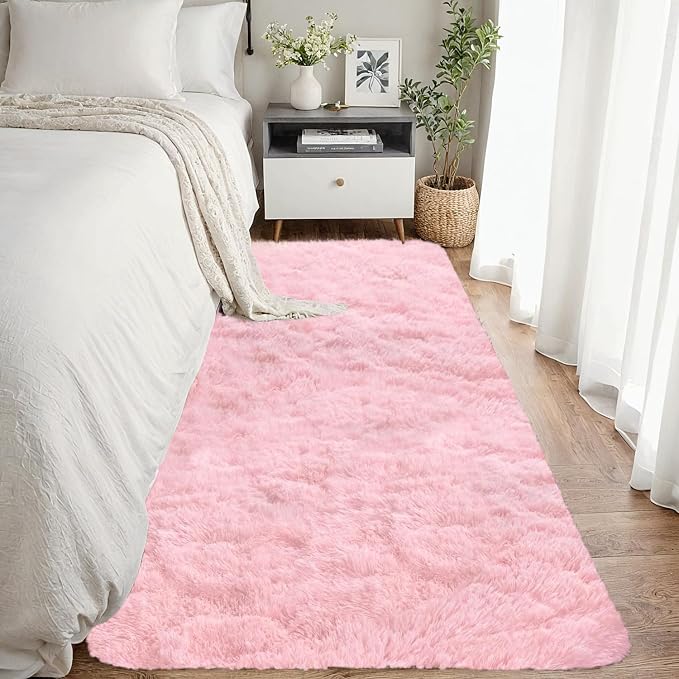 2x6 Bedside Area Rugs for Bedroom: Soft Fluffy Shag Pink Rug for Hallway by CarpetAddColortoYourLife