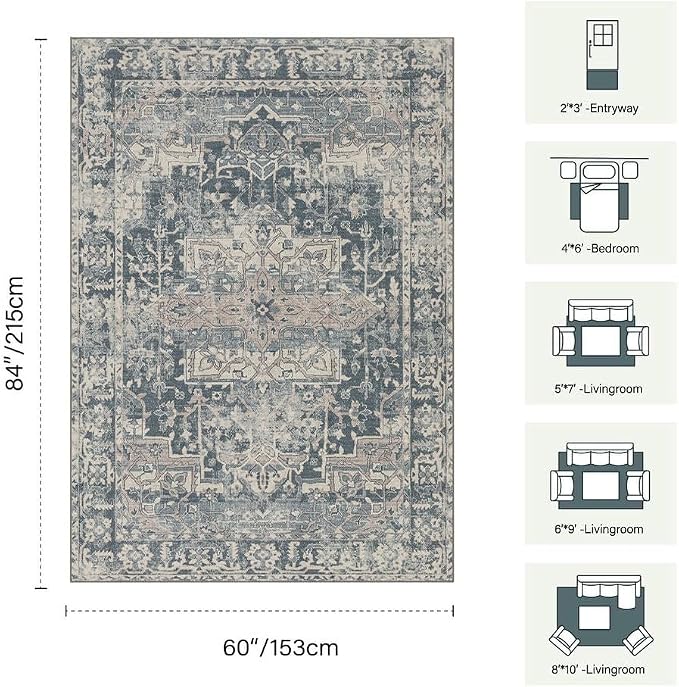 Rugxara 5x7 Area Rugs for Living Room Bedroom, Vintage Retro Boho Rug, Non Slip - Image 2