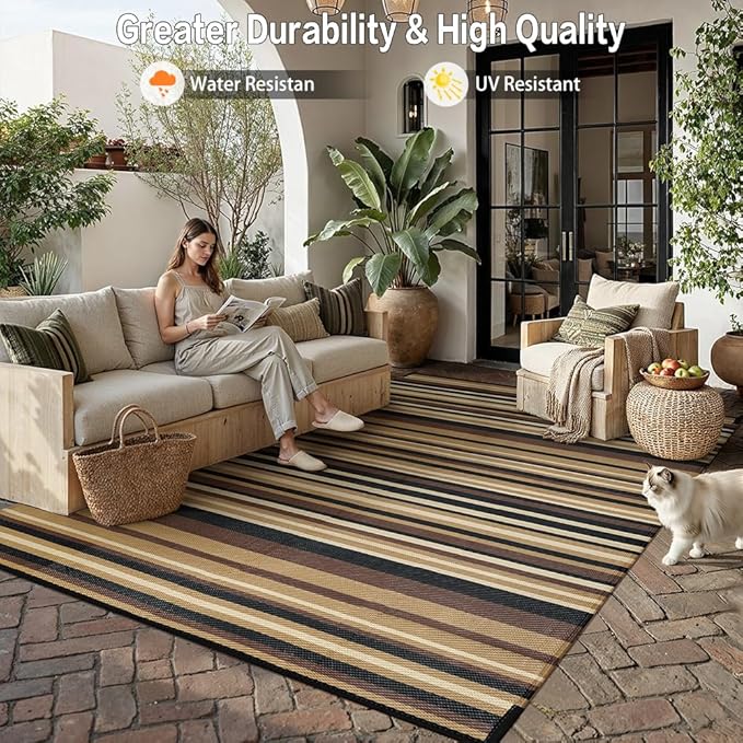 Outdoor Plastic Straw Rug Waterproof Patio 9x12 Brown Black Stripe Mat - Image 4