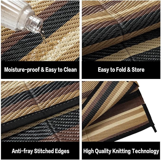 Outdoor Plastic Straw Rug Waterproof Patio 6x9 Brown Black Stripe Mat - Image 8