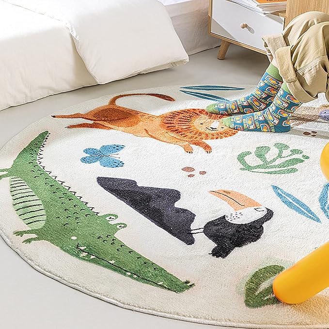 Poowe Kids Play Rug, Lovely Forest Round Area Rug Nursery Door Mat Soft Plush - Image 3