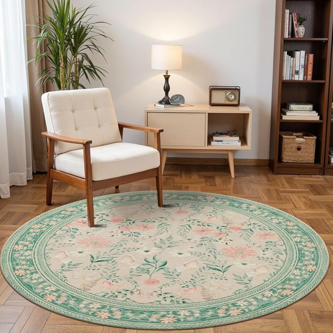 Rugxara 4ft Floral Round Rug, Washable Circle Rug, Non Slip Low Pile Carpet by Rugxara