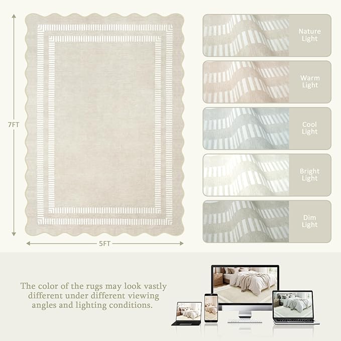 Washable 8x10 Area Rugs for Living Room, Solid Ivory Ultra-Thin Bedroom Rug - Image 2