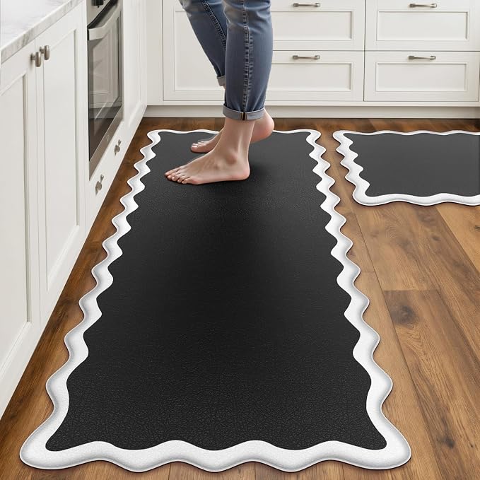 Arenarug Scalloped Black White Kitchen Mats Rugs Sets of 2 Cushioned Anti by ArenaRug