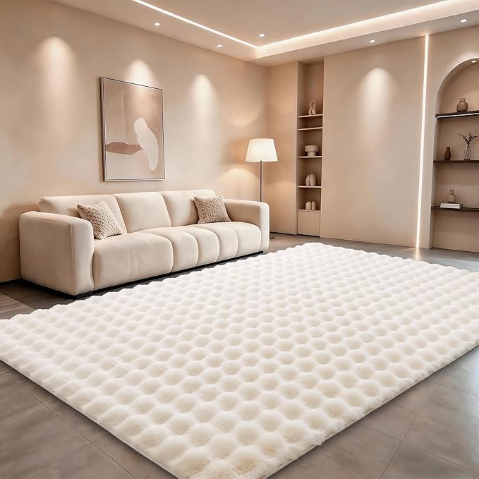 Creamy White Rabbit Plush Rug 8'x10', Fluffy Faux Fur Shaggy Area Rug by CHOVY