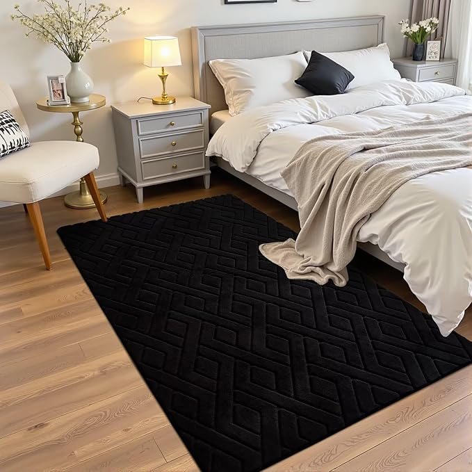 4x6 Black Washable Area Rug for Bedroom, Modern Geometric Shag Non-Slip Living - Image 2