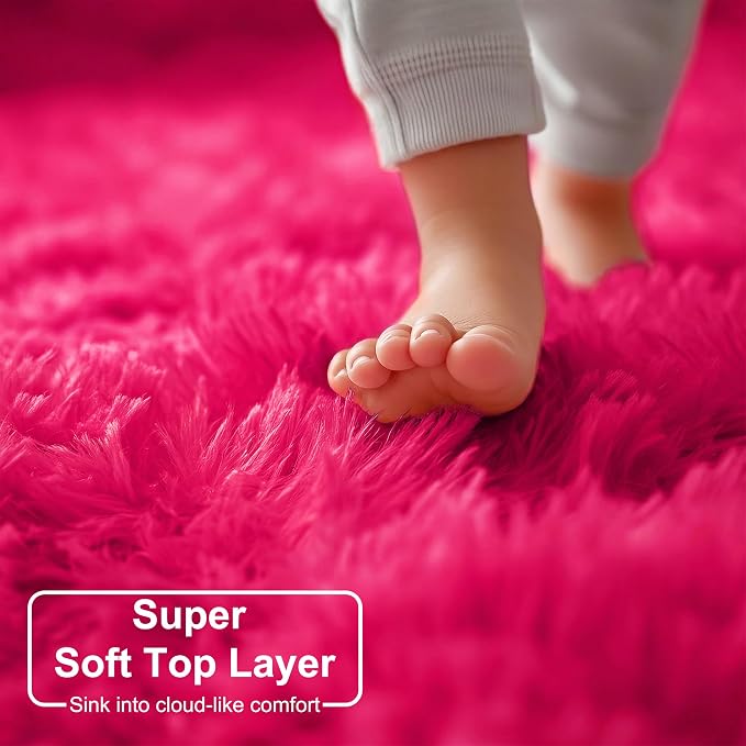 Hot Pink Round Circle Rug 6Ft for Girls Bedroom, Big Fluffy Area Rugs for Kids - Image 2