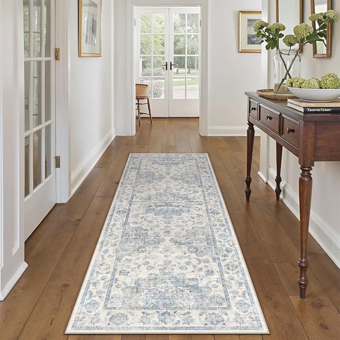 2x6 Washable Neutral Runner Rug Blue Vintage Hallway Kitchen Carpet Non-Slip - Image 3