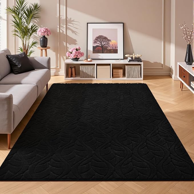 4x6 Black Washable Area Rug for Bedroom, Leaf Geometric Patter Shag Non-Slip by VisittheFlagover