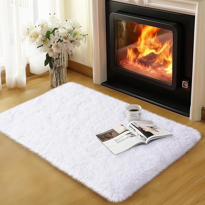 qulint 2x3 Area Rug for Bedroom, Fluffy White Rug for Girls Shag Fuzzy Small by QULINT