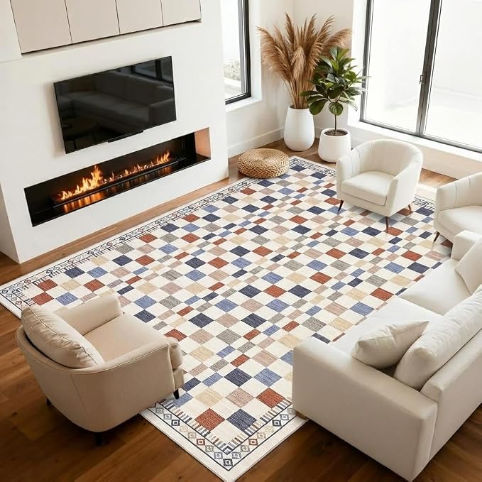 GarveeHome 6x9 Washable Rug for Living Room Checkered Non-Slip Throw Rug Low by GarveeHome