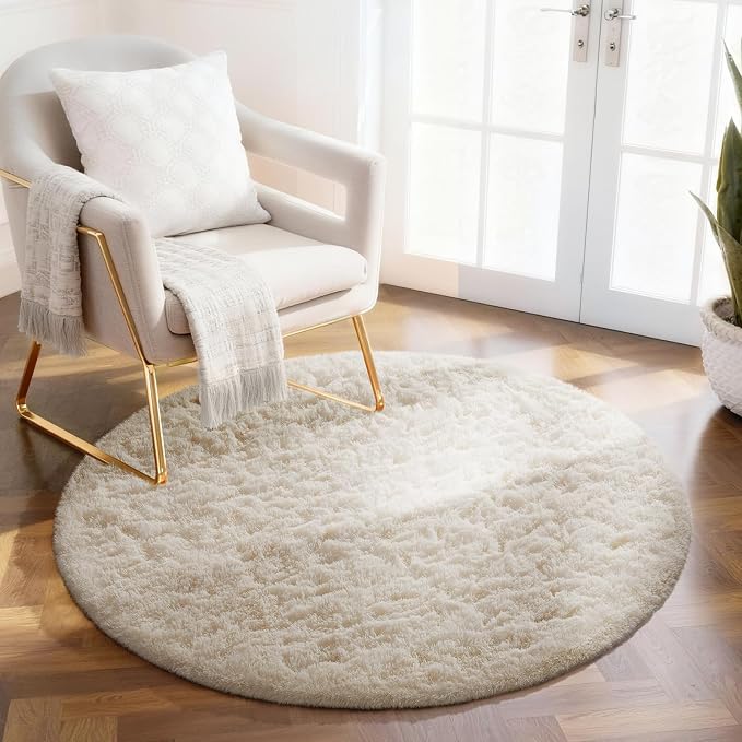 Ophanie Round Rug Ivory Circle Area Rugs Washable, Fluffy Fuzzy Nursery Bedroom by Ophanie