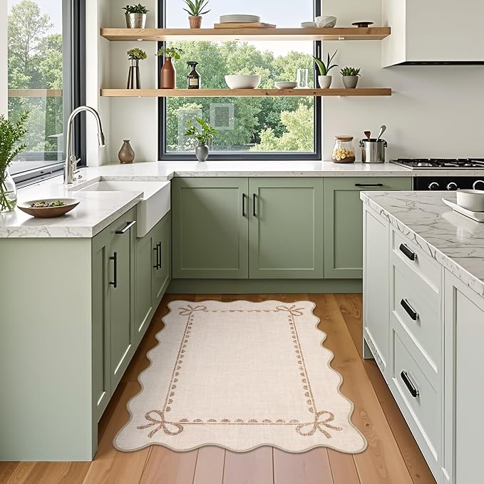 GarveeHome Scalloped Bow Rug for Kitchen Floor, Solid Beige Rug for Dorm - Image 3