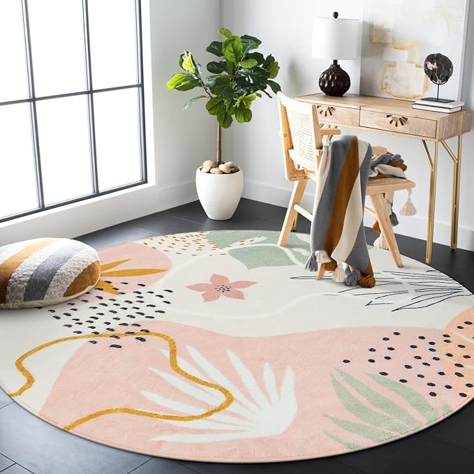 Lahome Pink 6' Round Area Rug, Non-Slip Soft Ultra-Thin Washable Floral Boho - Image 6