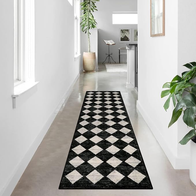 Checkered Kitchen Runner Rug 2x8 Black and White, Hallway Non Slip Washable - Image 2