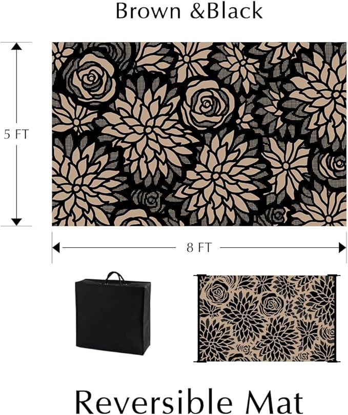 Outdoor Plastic Straw Rug Waterproof Patio 5x8 Black Brown Floral Mat - Image 2