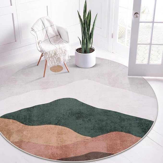 5ft Abstract Round Rug, Chic Washable Non-Slip Sun and Mountain Area Circle Rug - Image 8
