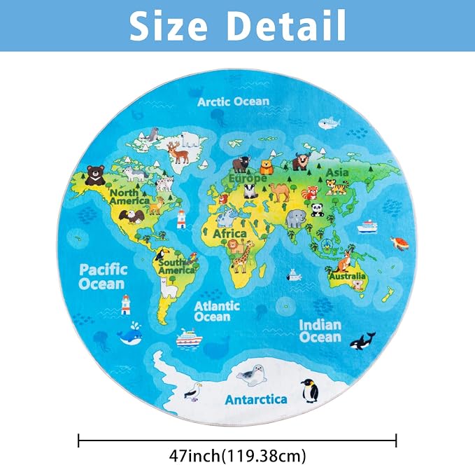 Kids Playroom Rug, 4x4ft Round World Map Play Mat - Image 2