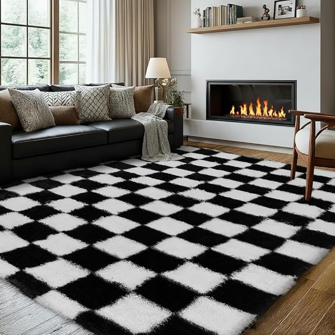 Super Soft Rug for Bedroom, 8x10 Ft Black and White Area Rug Classic Checkered by TOOHUB