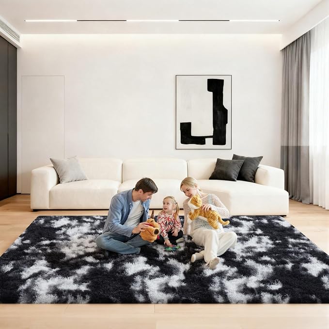Black and White Rugs for Living Room, Large Fluffy 6x9 Area Rugs for Bedroom by Unknown