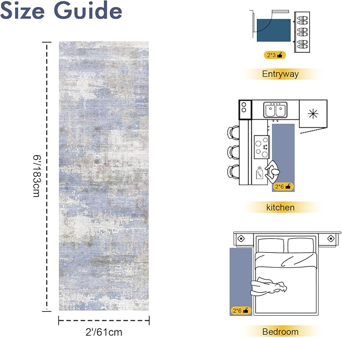 2x6 Ft Washable Runner Rug, Non-Slip Low Pile Hallway Kitchen Area Rug - Image 2