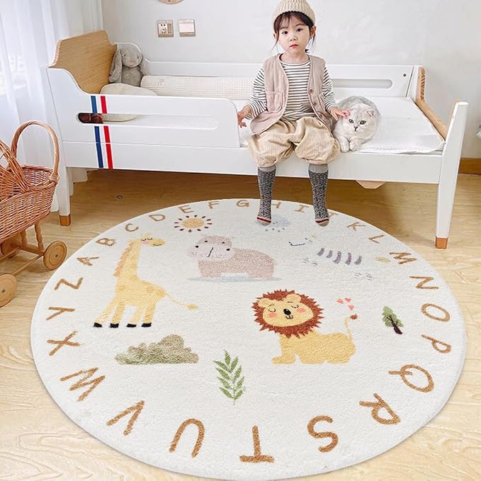 Poowe ABC Animals Kids Play Mat Baby Nursery Rug Round Educational Alphabet by Poowe