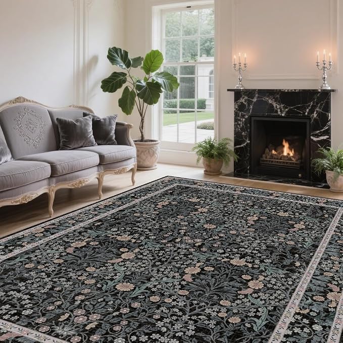 Vintage Black Living Room Rug, 5x7 Washable Area Rugs - Image 2