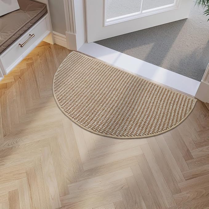 Half Circle Dirt Trapping Door Mat 36x18, Taupe & White Faux Jute Rug | by Unknown