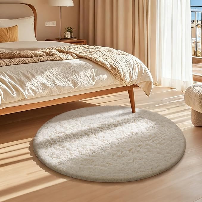 Ophanie Round Rug Ivory Circle Area Rugs Washable, Fluffy Fuzzy Nursery Bedroom - Image 5