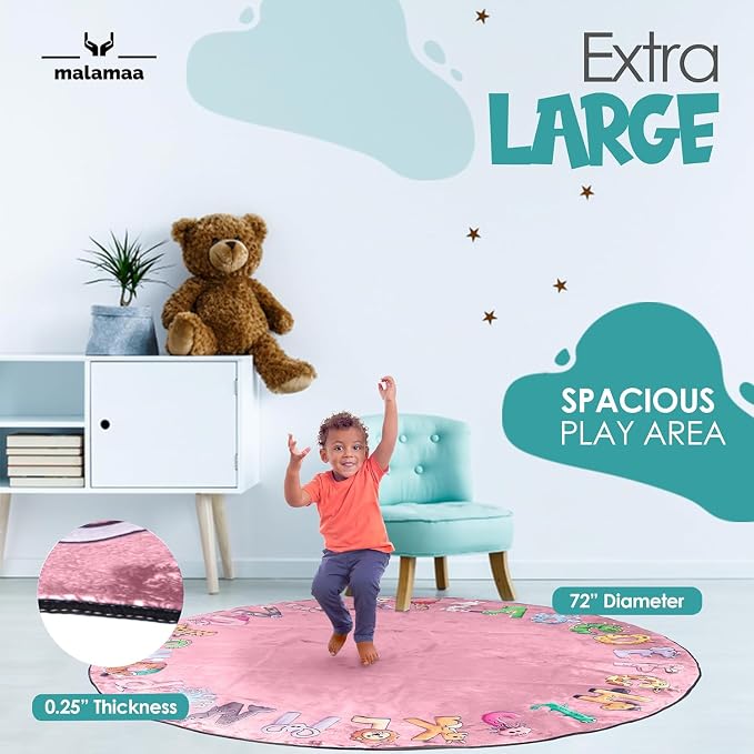 ABC Alphabet Rug for Kids – 6 ft Round Pink Play Mat for Toddlers & Babies - Image 3
