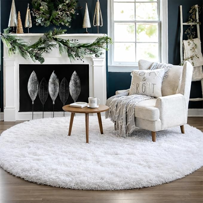 Round Rugs 5Ft White Circle Area Rug, Fluffy Fuzzy Bedroom Carpets - Image 8