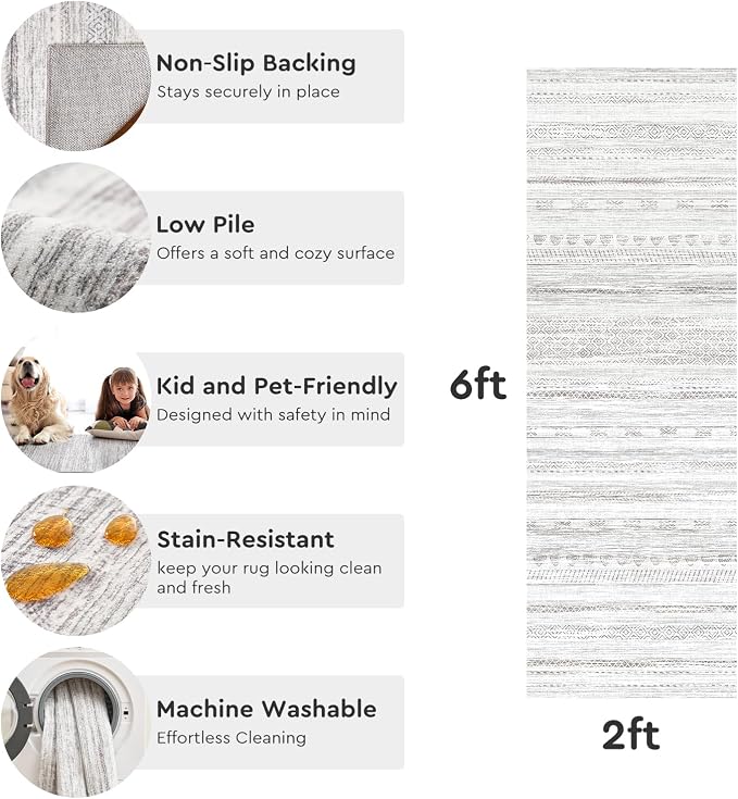 2x6 Runner Rug Machine Washable Non Slip Area Rug Distressed Neutral Moroccan - Image 6